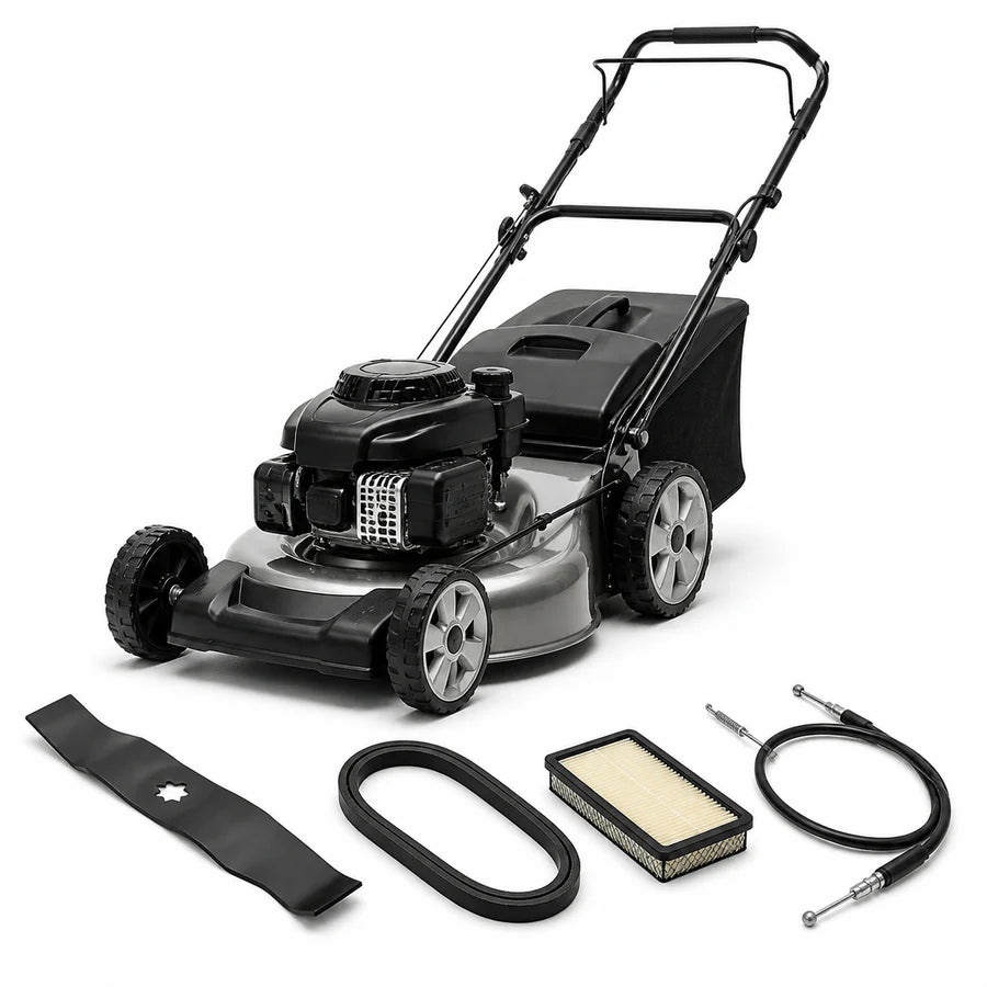 Lawn mower with replacement blade, belt, air filter and control cable