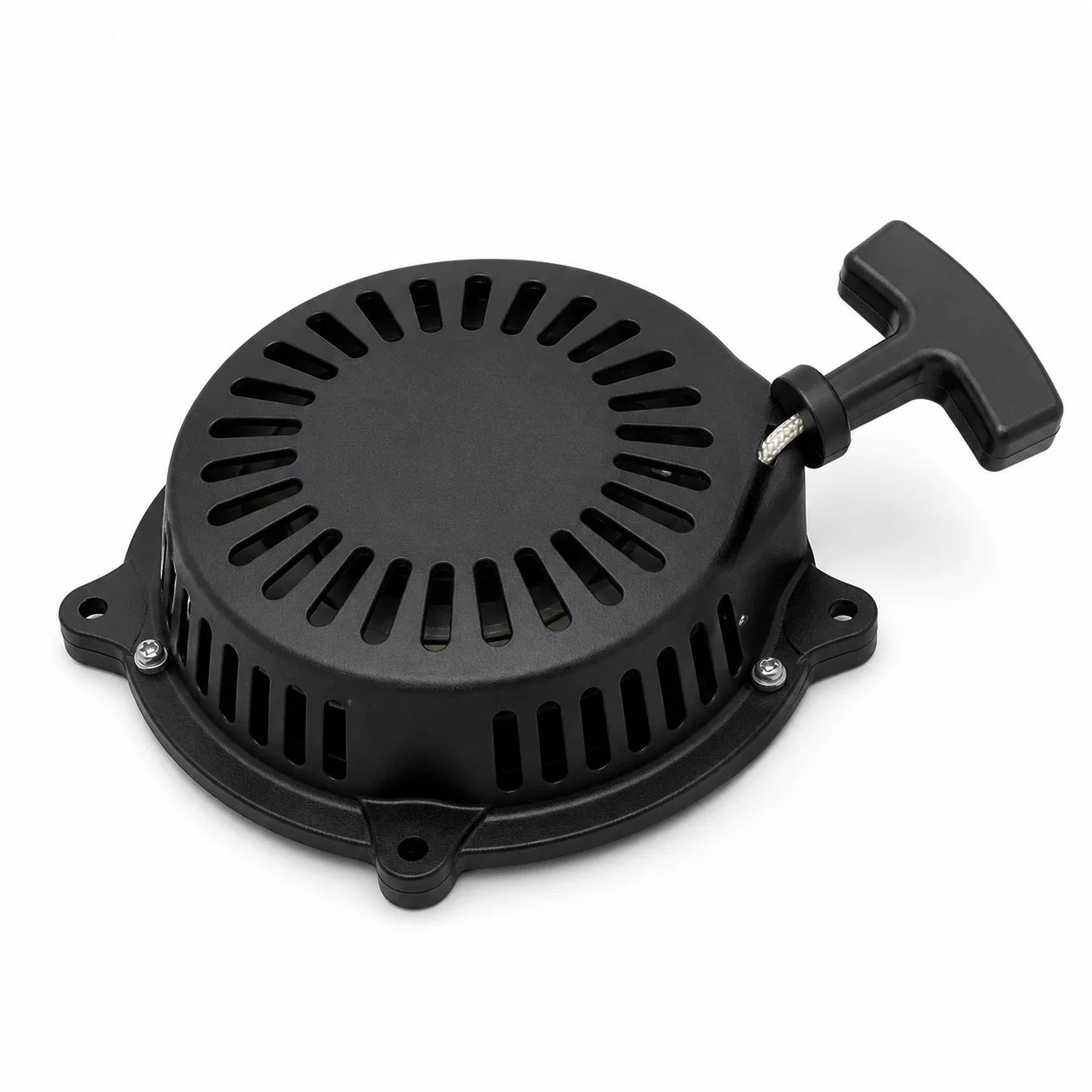 Black pull-start recoil starter housing with handle and starter rope