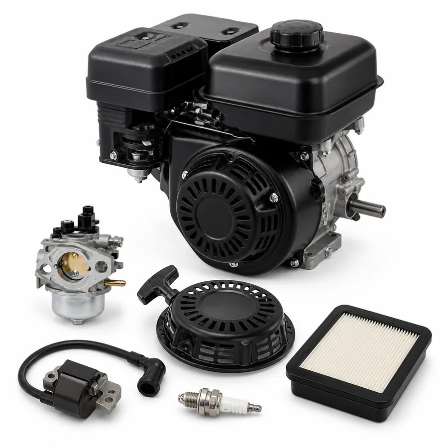 Small engine with replacement carburetor, recoil starter, ignition coil, spark plug and air filter