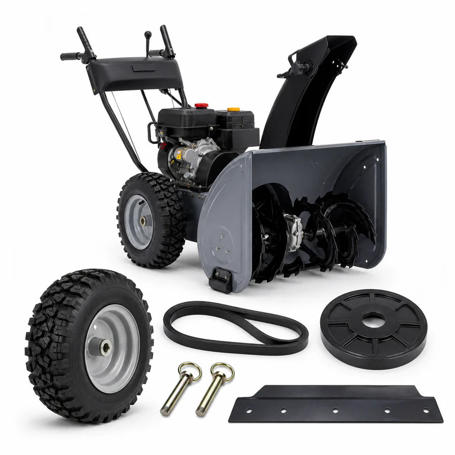 Snow blower with replacement drive wheel, belt, friction wheel, shear pins and scraper bar