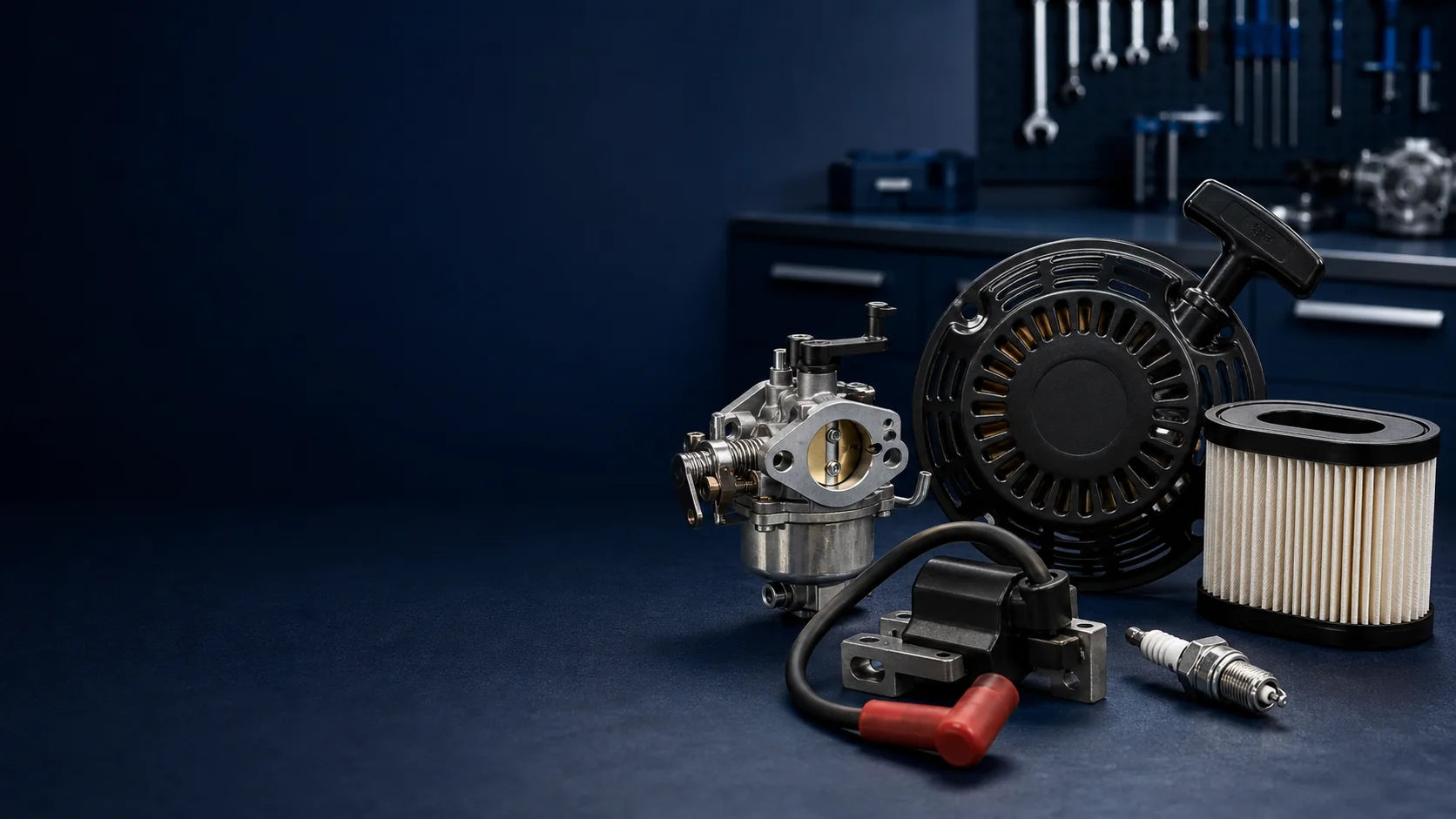 Small-engine replacement parts arranged on a workbench