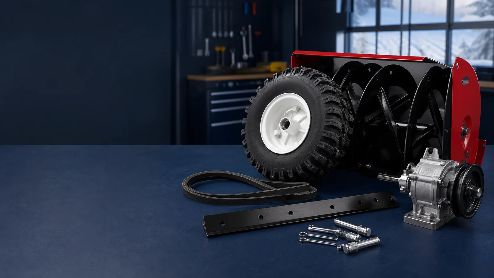 Snow blower and replacement parts in a winter workshop